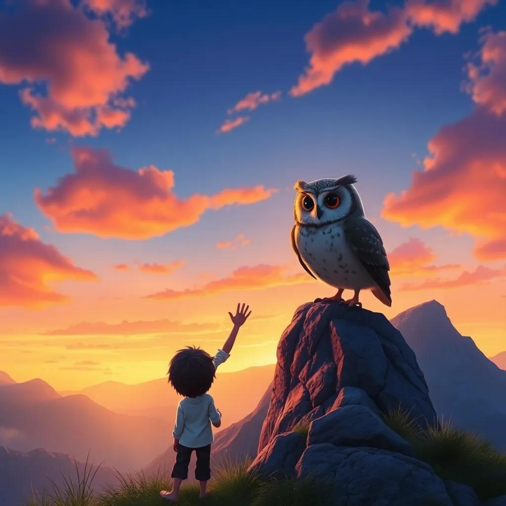 An enchanting sunset view over the mountain, Sam waving goodbye, soft lit colors, with the wise owl watching over, heartwarming symbolism, storytelling, fantasy theme, high quality