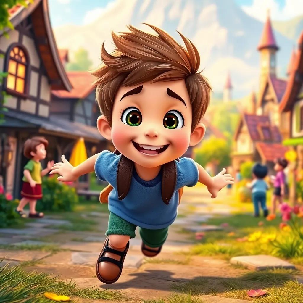 Sam running back home, eyes sparkling with excitement, sharing colorful stories with friends, the village in the background, filled with joy and imagination, digital art, vibrant and inviting, high quality