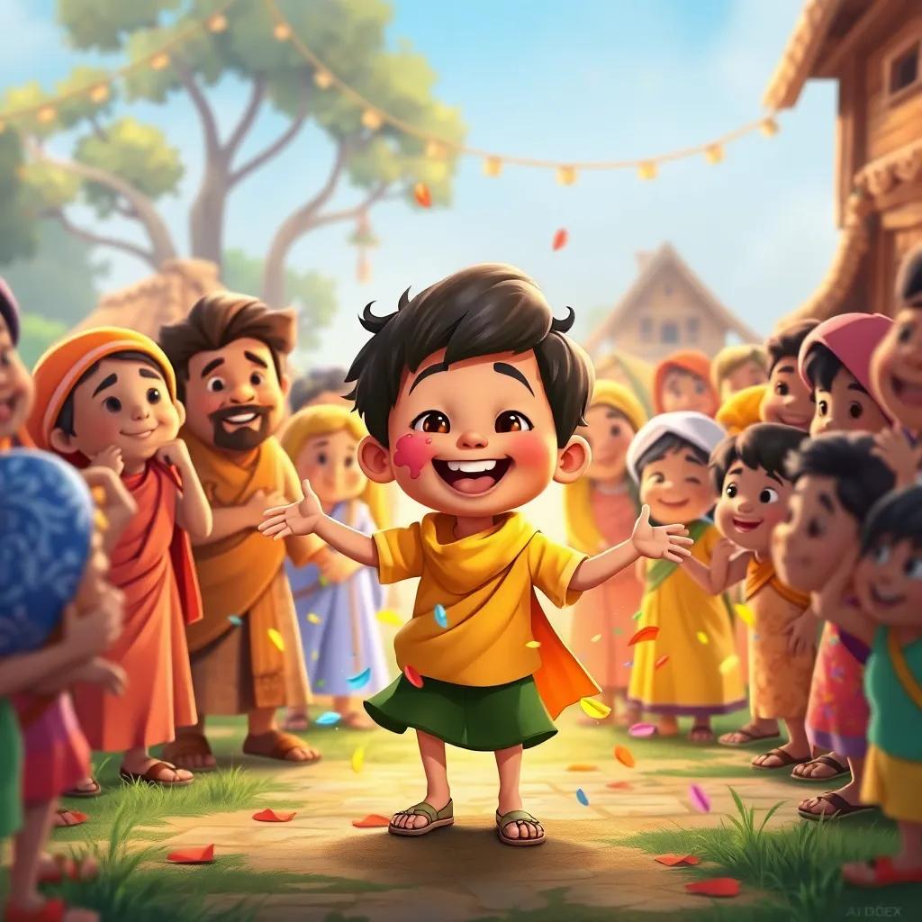 A colorful scene of Sam becoming known in the village as the child who danced with colors, surrounded by happy villagers, spreading joy, bright and cheerful atmosphere, illustration, warm and inviting