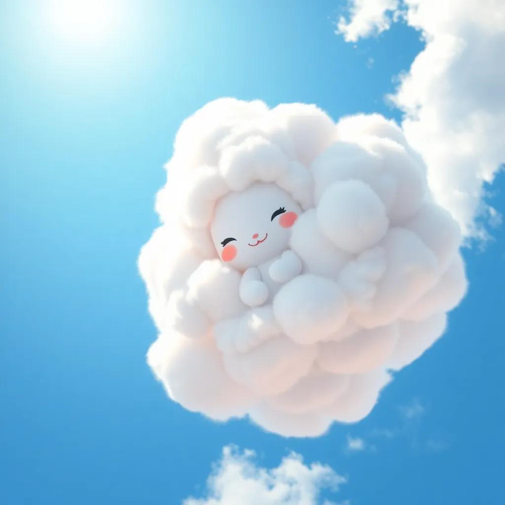 A fluffy white cloud named Cuddles, looking down from a bright blue sky above, digital art, cheerful atmosphere, vibrant colors, high perspective, high quality