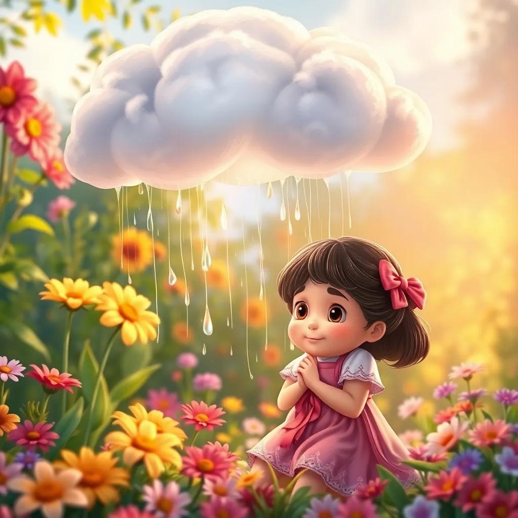 Cuddles the cloud gently raining drops on a little girl named Mia in her colorful garden, surrounded by flowers, warm light, inviting scenery, detailed illustration