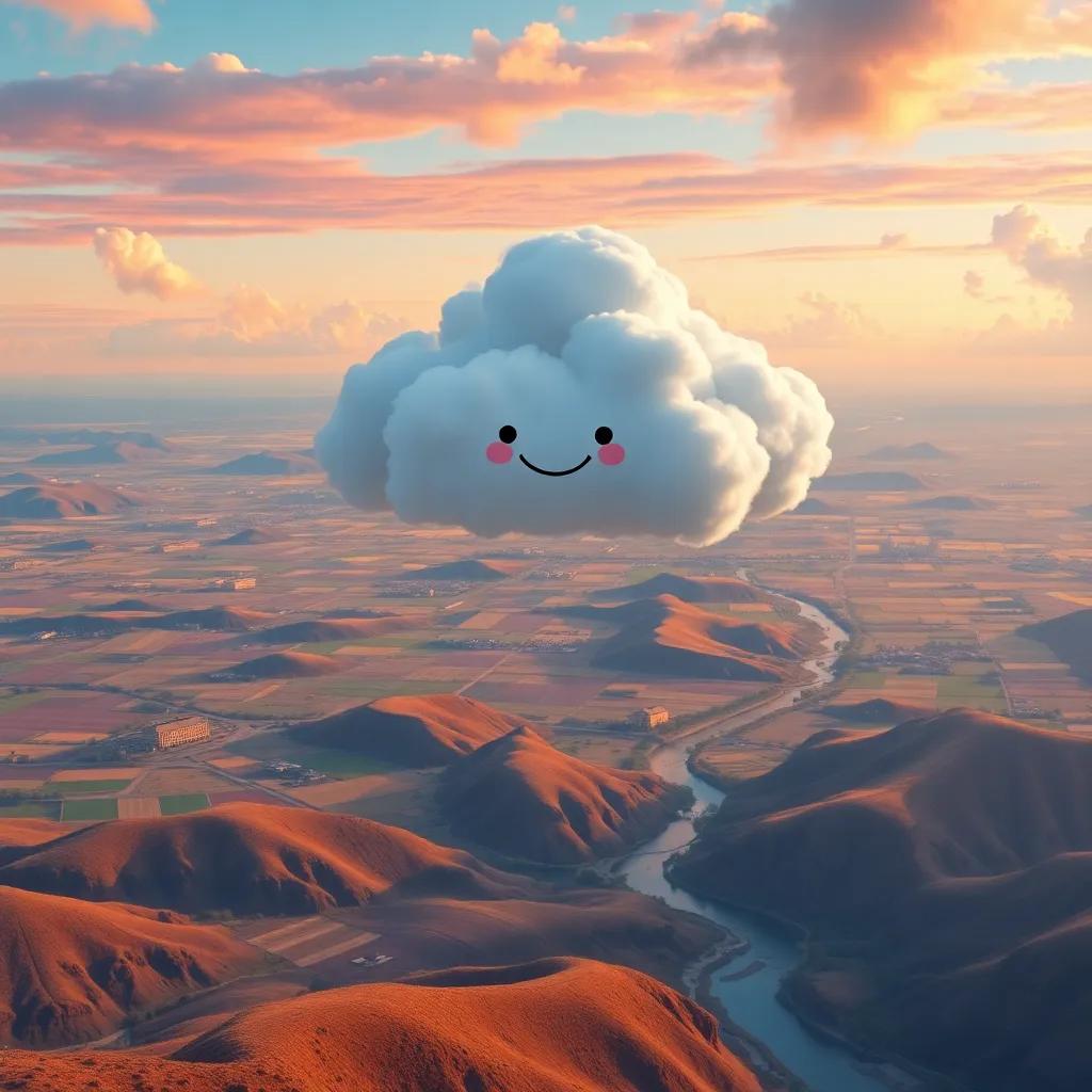 Cuddles the cloud floating over diverse landscapes with fields, rivers, and hills below, colorful sky, joyful atmosphere, cheerful tones, panoramic view, high quality