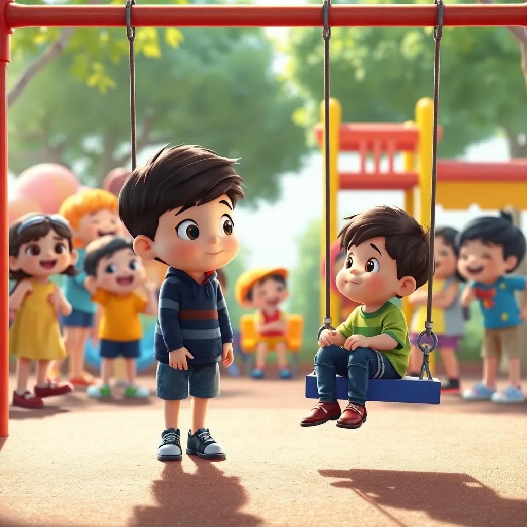 Cuddles noticing a playground filled with laughing children, while a sad boy sits alone on a swing, cheerful digital art, vibrant and engaging scene, high quality
