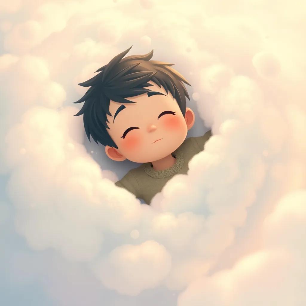 Cuddles swirling around a boy dreamily as he imagines flying, surrounded by a magical cloud, soft pastel colors, dreamlike quality, whimsical atmosphere, high quality