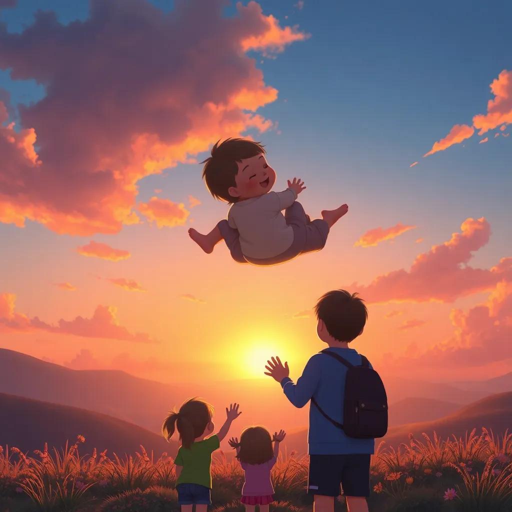 Cuddles floating back up into the sunset sky, waves goodbye to children below, warm colors, serene atmosphere, beautiful landscape, high quality