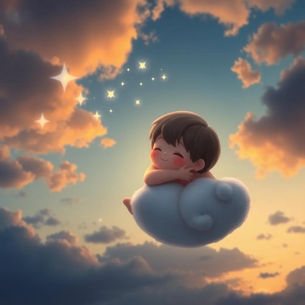 Cuddles floating in the evening sky, gazing down lovingly at the world with twinkling stars appearing, peaceful digital art, dreamy ambiance, calming colors, high quality