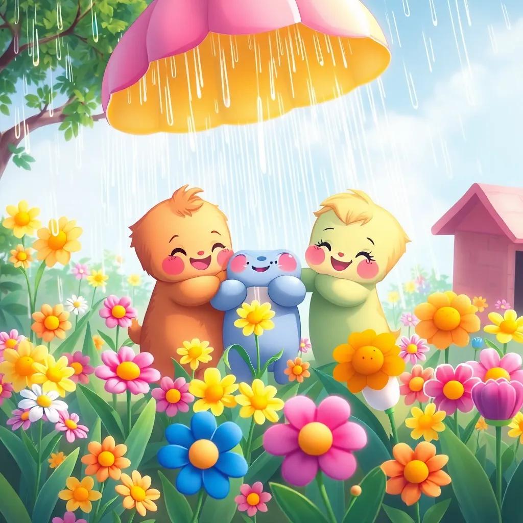 Cuddles happily spreading rain over a garden filled with flowers and smiling faces, bright and colorful digital illustration, vibrant tones, heartwarming scene, high quality
