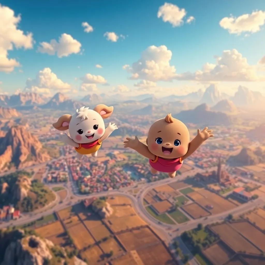 A grand view of Cuddles flying across various locations: cities, mountains, and fields, showcasing kindness and dreams, colorful and lively atmosphere, high quality