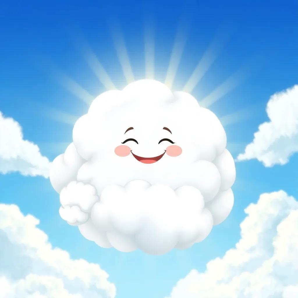 A large fluffy cloud named Clarity, smiling and rolling down from a bright blue sky, surrounded by sun rays, detailed digital art, cheerful colors, joyful atmosphere, high quality