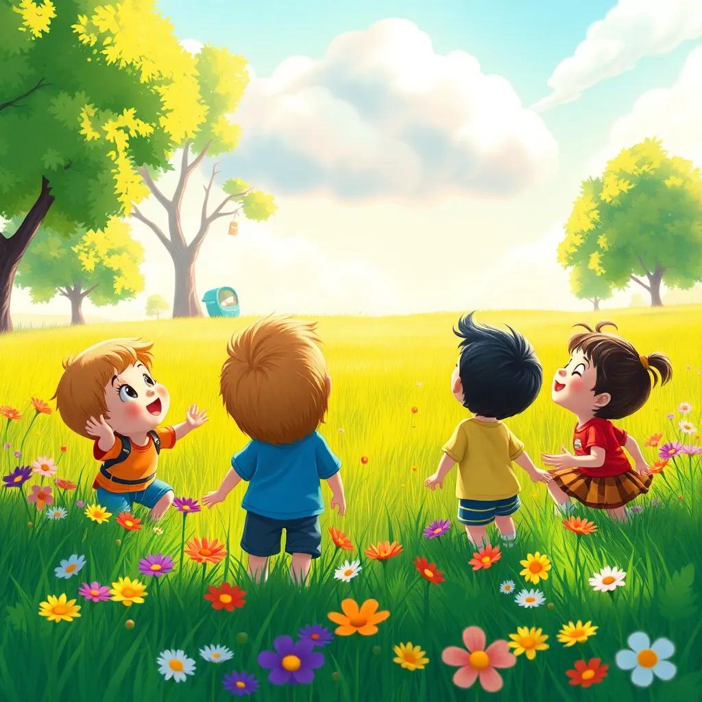Children playing in a green meadow, with bright flowers and trees, looking up in amazement at Clarity the cloud floating above them, vibrant illustration, colorful, joyful, magical scene, high quality