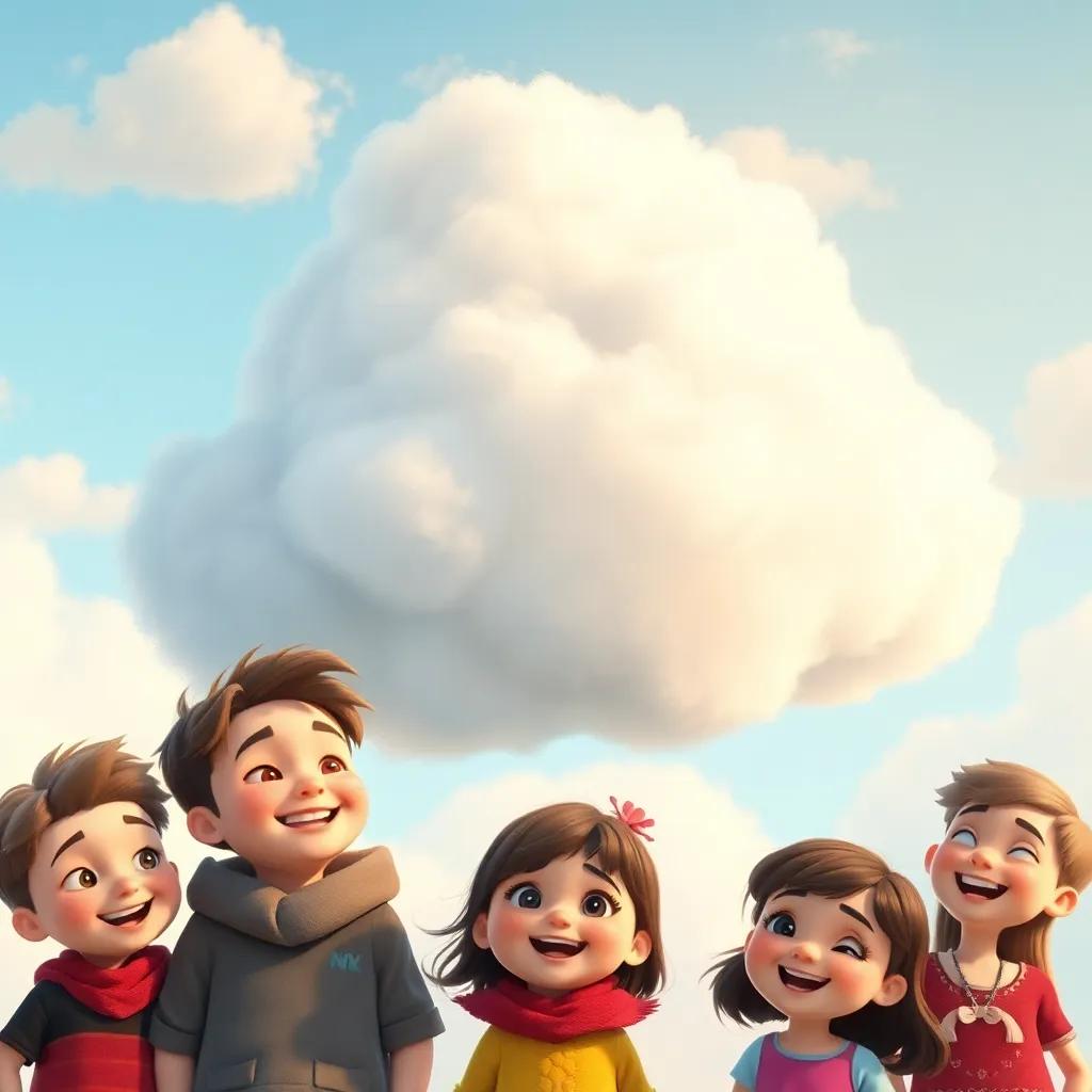 Clarity the cloud with fluffy edges, asking children about their dreams, the children smiling, happy expressions, detailed digital art, warm light, friendly ambiance, high quality