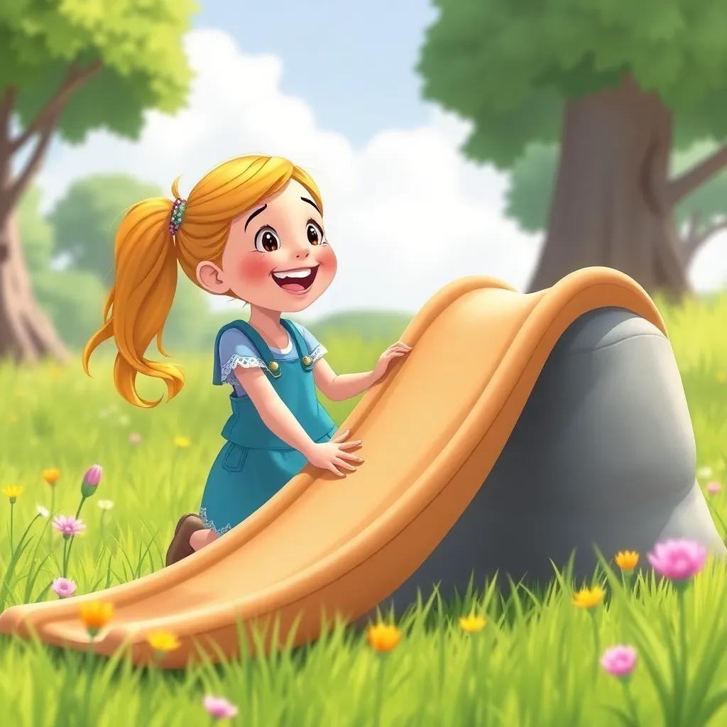 A girl with golden pigtails playing and laughing with Clarity, Clarity creating a soft slide in the meadow, cheerful illustration, colorful, adventure-themed, high quality