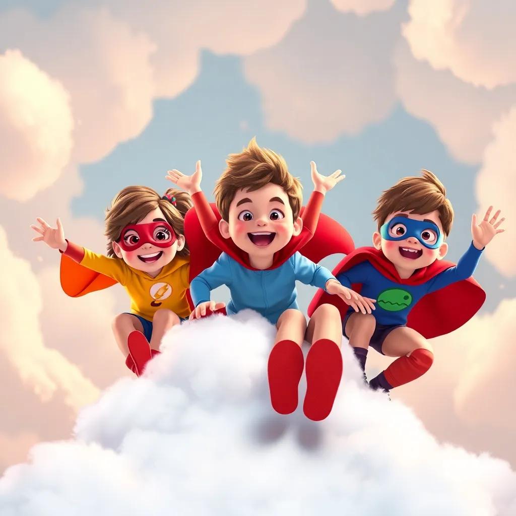 Children pretending to be superheroes, sliding down a fluffy cloud slide created by Clarity, energetic and fun, colorful, bright atmosphere, high quality