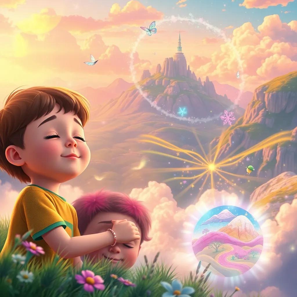 A dreamy landscape with children closing their eyes and imagining magical lands, Clarity swirling around them, painting vibrant images in the air, beautiful scenery, great color, high quality