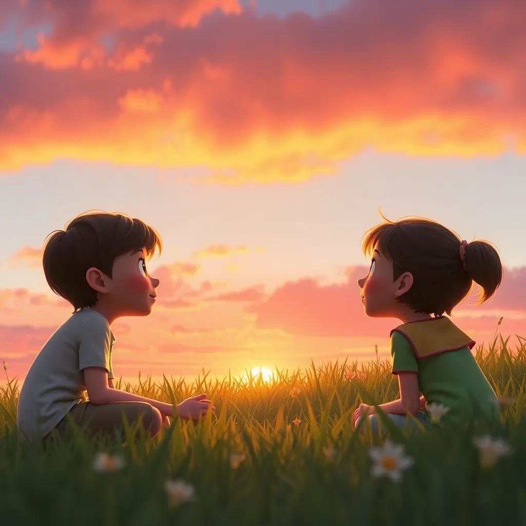A sunset sky with Clarity looking down at the children in the meadow, the sky painted in oranges and pinks, warmth in the air, serene scene, high quality