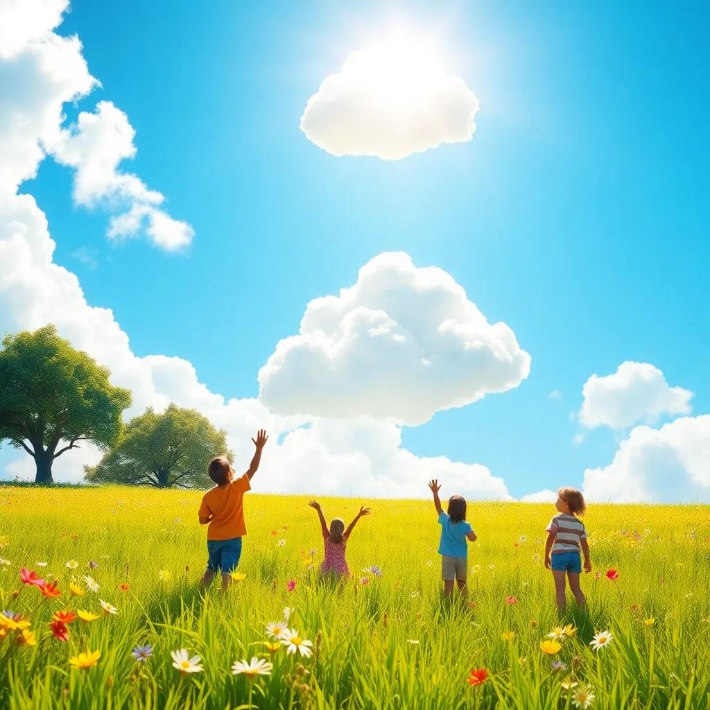 Clarity the cloud soaring back up into the bright blue sky, waving goodbye to the children in the meadow, spreading joy and dreams, uplifting scenery, stunning light, high quality