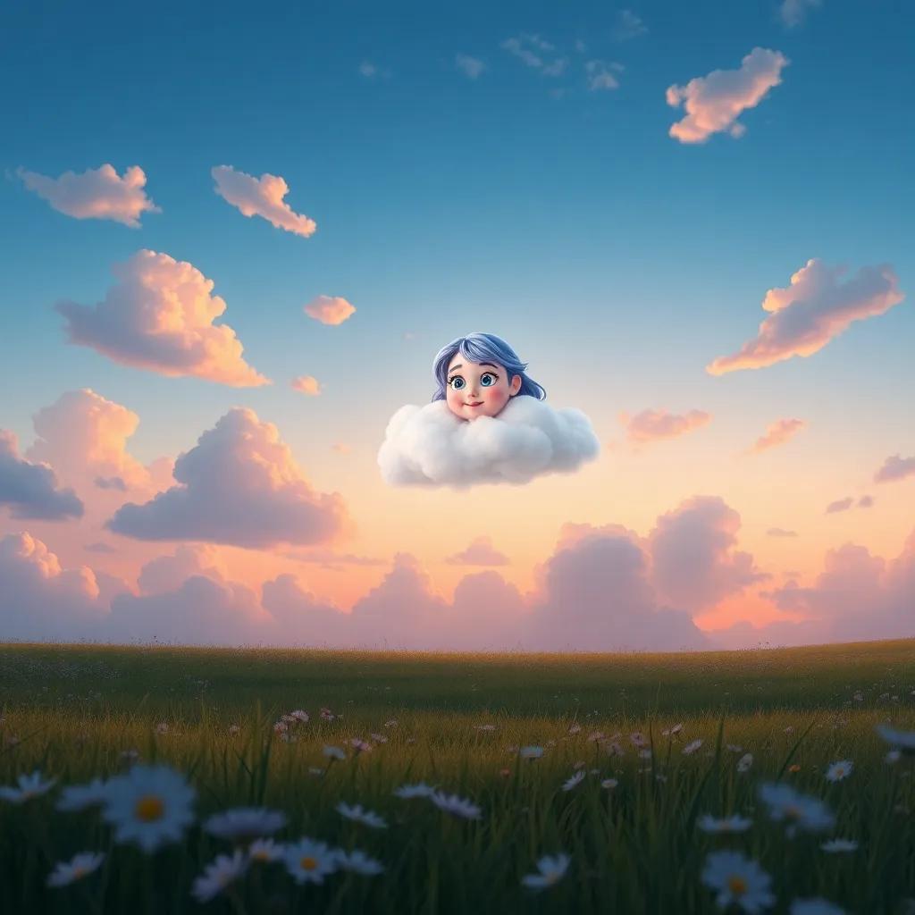 Clarity floating above the meadow at dusk, surrounded by playful clouds, ready to share her adventures with other clouds, magical atmosphere, delightful colors, high quality