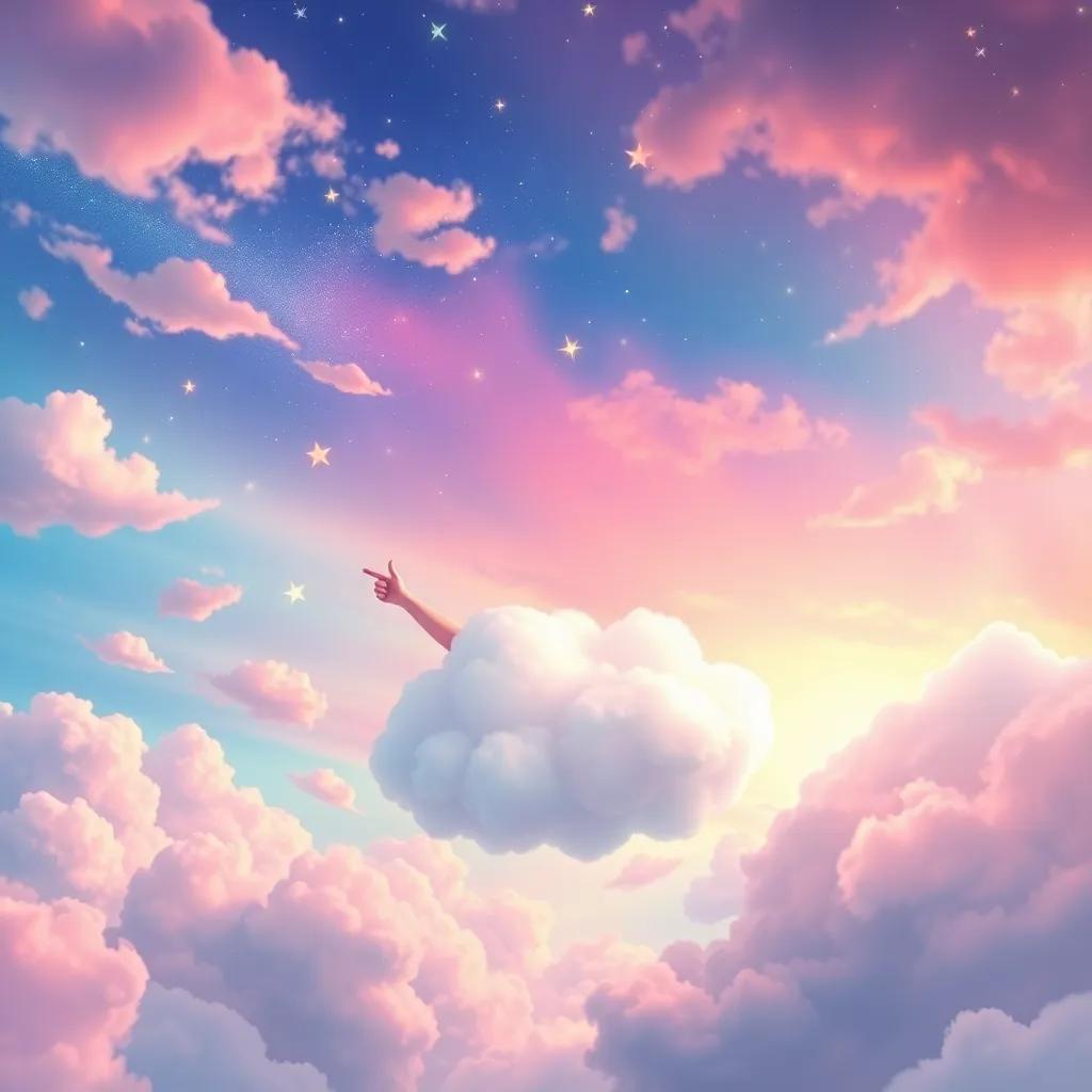 A beautiful colorful sky filled with dreams, Clarity as a happy cloud, pointing to stars and sharing stories with other clouds in the vast sky, enchanting scene, high quality
