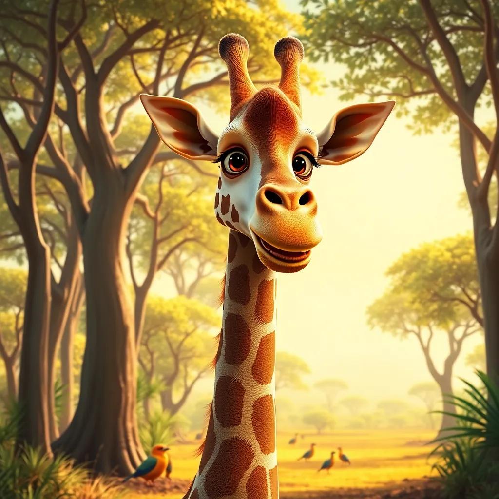 A curious giraffe named Gina with a long neck and playful expression, standing in a sunny savanna filled with tall trees and colorful birds, digital art, vivid and bright colors, cheerful, inviting scene, warm sunlight
