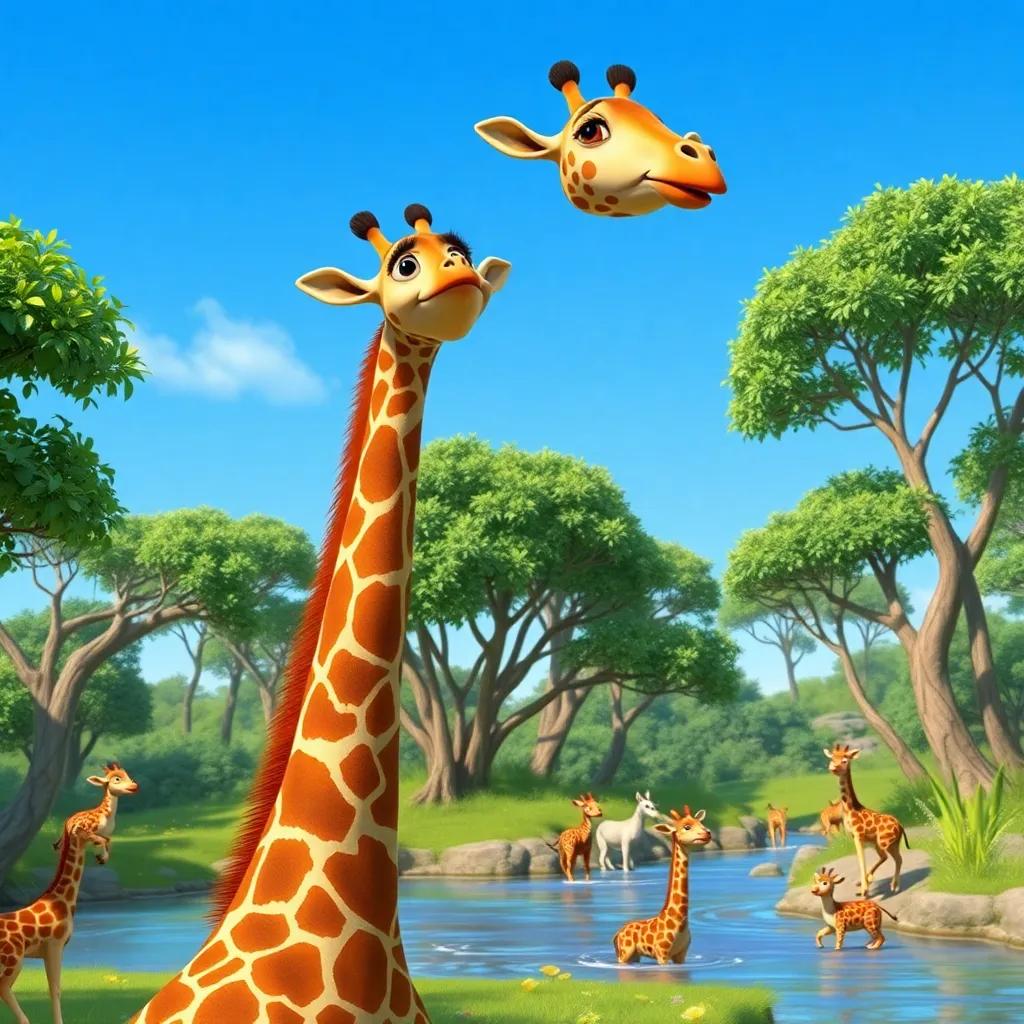 Gina the giraffe stretching her neck high above the trees to see a group of animals playing near a river, bright blue sky, cheerful atmosphere, dynamic, happy scene