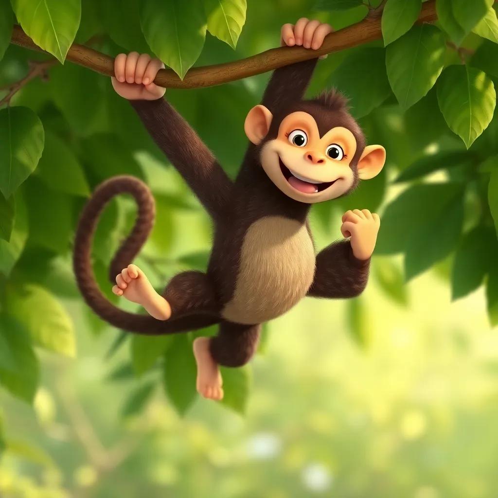 A playful monkey named Max swinging energetically from branches above Gina's head, Gina smiling below with a friendly expression, lush green leaves, vibrant colors, playful and fun
