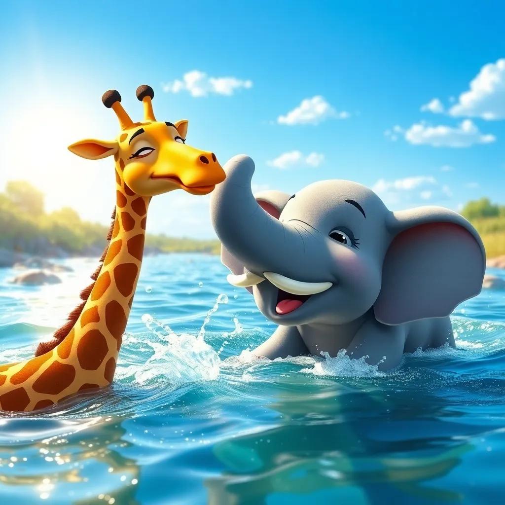 Gina the giraffe laughing and splashing water with her new friend, Ellie the elephant, in a sparkling river under a sunny sky, joyful and refreshing atmosphere, colorful scene