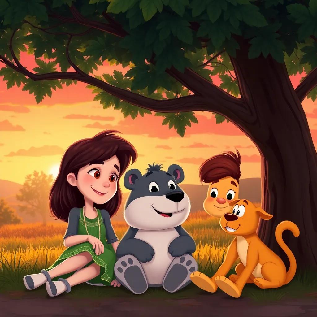 Gina, Max, and Ellie resting under a shady tree, Gina looking happy and content, a warm sunset sky in the background with oranges and pinks, peaceful and heartwarming scene
