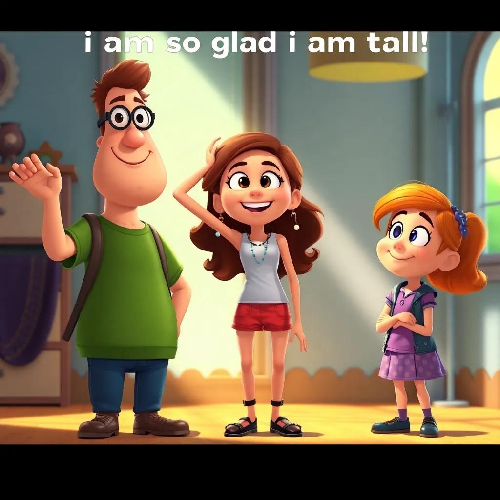 Gina proudly stating, "I am so glad I am tall!" with Max and Ellie nodding in agreement, emphasizing camaraderie, bright ambiance, friendly atmosphere