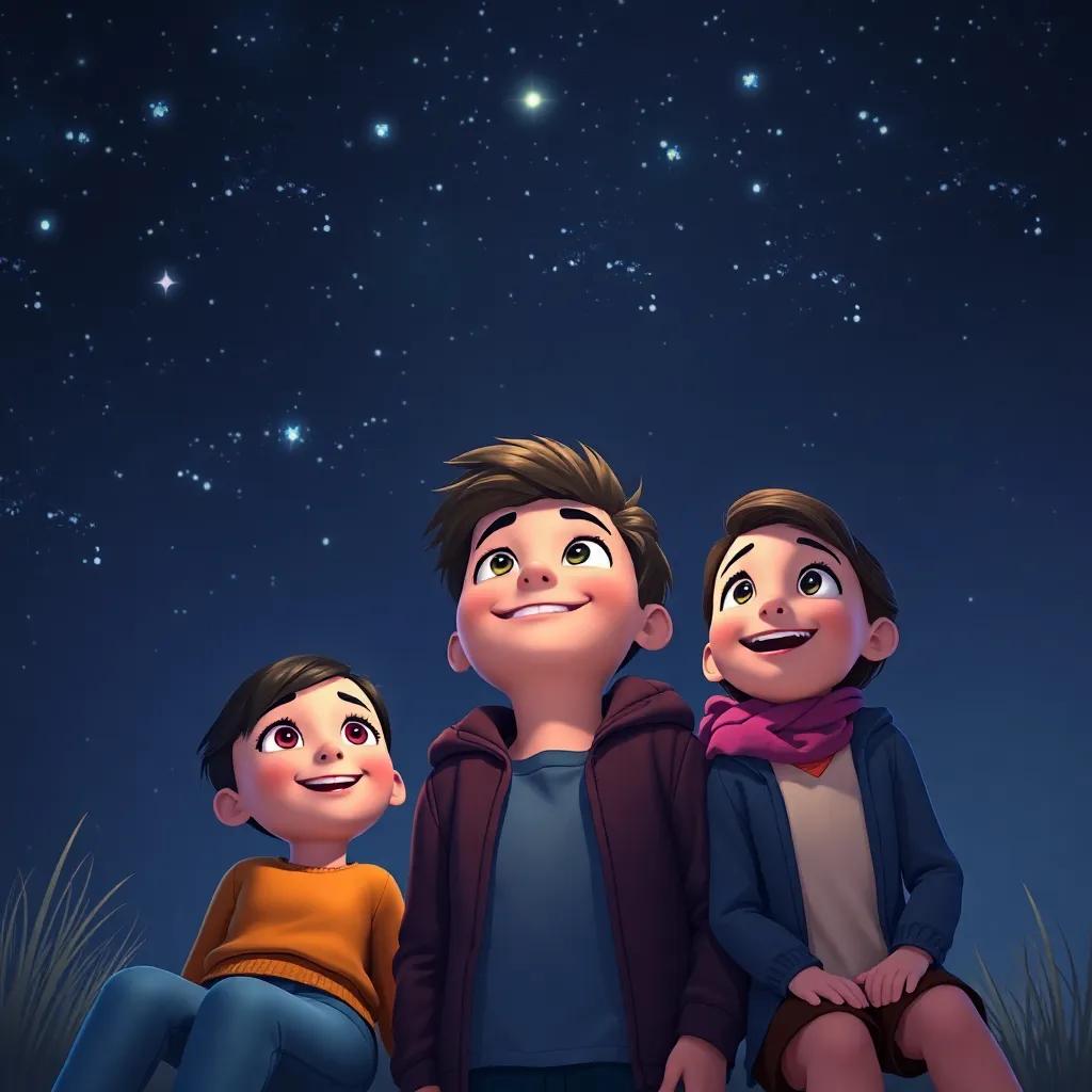 Gina, Max, and Ellie looking up at the twinkling stars under a dark sky, joyful and dreamlike expressions, capturing the essence of friendship and adventure, beautiful night scene