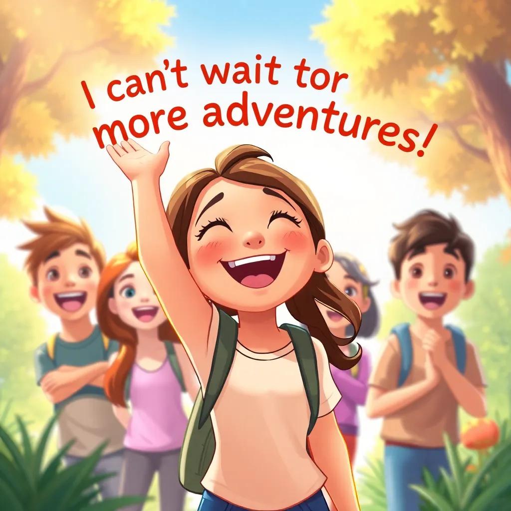 Gina happily proclaiming, "I can't wait for more adventures!" surrounded by her friends, illustrating excitement, warm colors, uplifting atmosphere