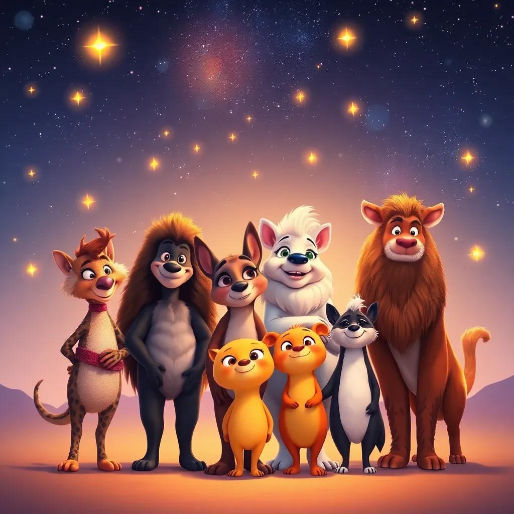 A group of animals, including Gina, standing together under a starry sky, embodying friendship, with glowing stars and a sense of wonder, enchanting digital art, high resolution