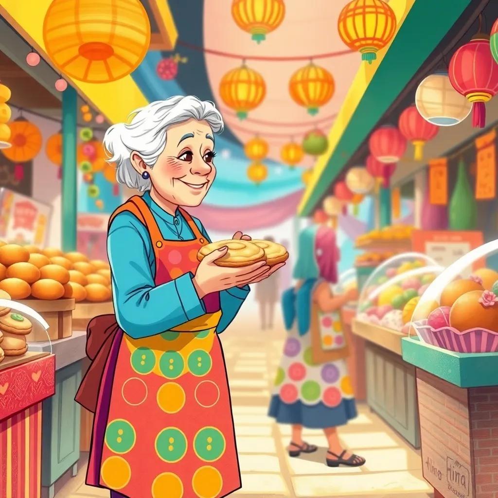 A kind old woman in a colorful apron, offering a sweet pastry to Hiro, with stalls filled with colorful pastries and vibrant decorations around, lively marketplace, bright and inviting colors, warm light, engaging perspective, high quality