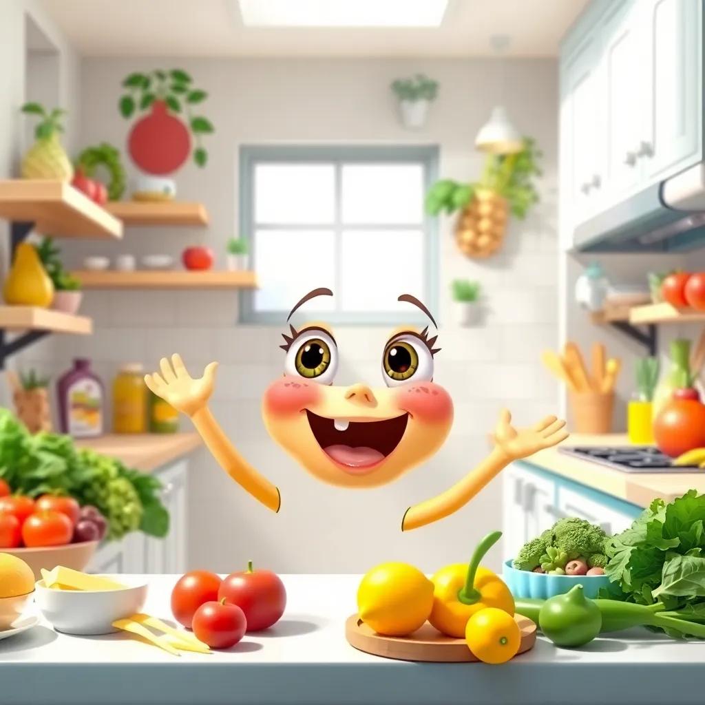 A bright and colorful kitchen with a cheerful young lemon character looking excited, surrounded by fresh ingredients, digital art, vibrant colors, inviting atmosphere, high quality