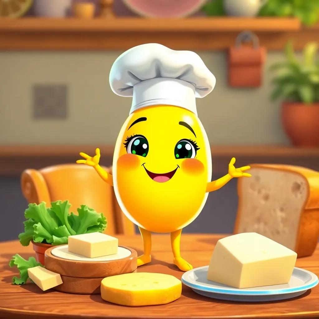 A cheerful lemon character wearing a small chef hat, standing on a table with slices of bread, butter, lettuce, and cheese, colorful digital art, joyful scene, warm colors, high quality