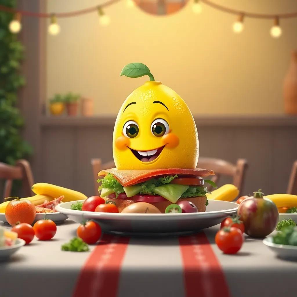 The lemon character, now transformed into a sandwich, smiling in the center of the table with fresh ingredients around it, digital art, fun and lively colors, festive atmosphere, high quality
