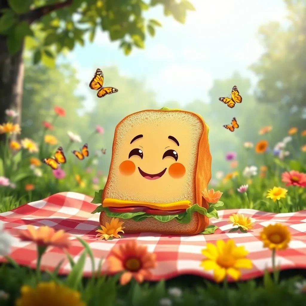 The sandwich with a happy face, sitting on a picnic blanket in a sunny garden, with butterflies and flowers around, digital art, cheerful and bright colors, serene atmosphere, high quality