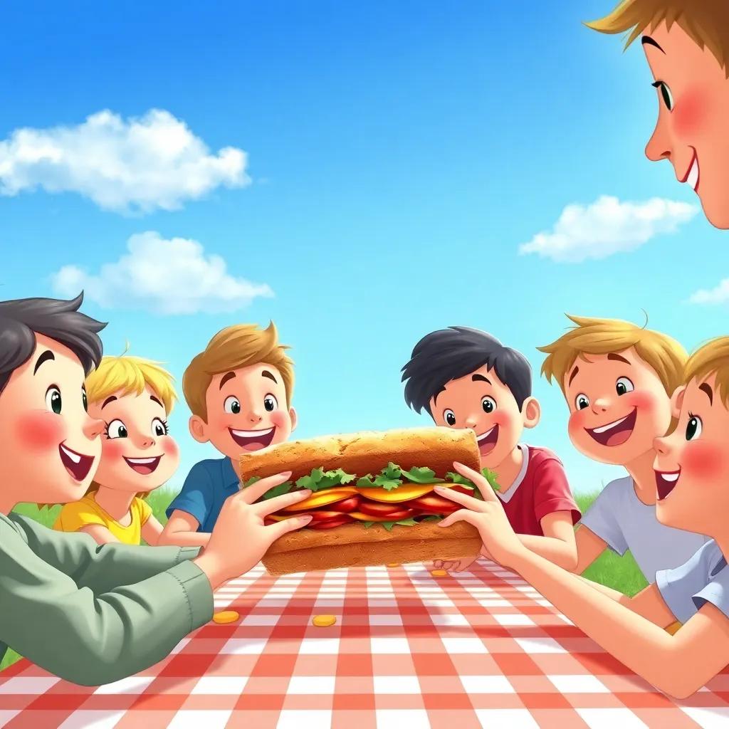 The sandwich being shared among kids at a picnic, with smiles and laughter all around, and a clear blue sky above, digital art, heartwarming scene, vibrant colors, joyful atmosphere, high quality