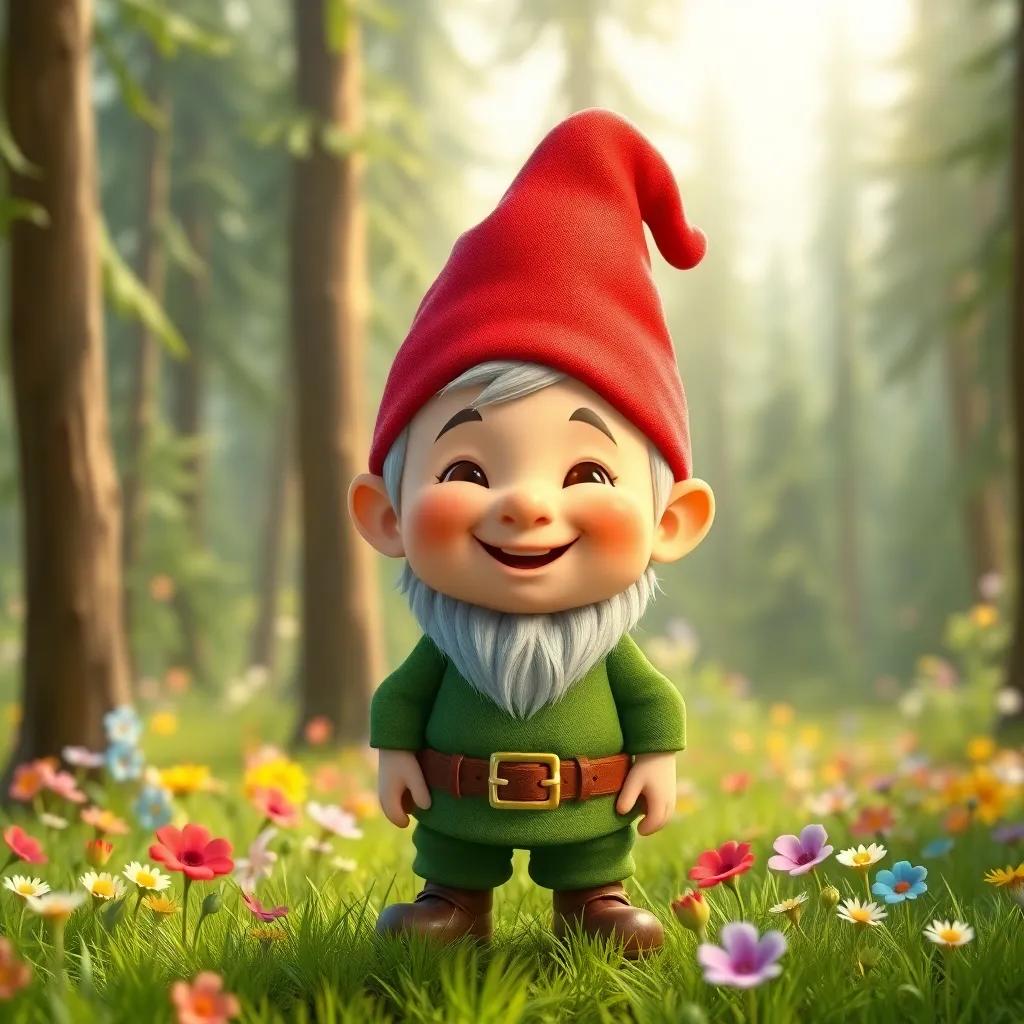 A tiny gnome named Nick, with a red hat and green clothes, standing in a vibrant green forest, full of tall trees and colorful flowers, joyful expression, digital art, bright colors, cheerful atmosphere