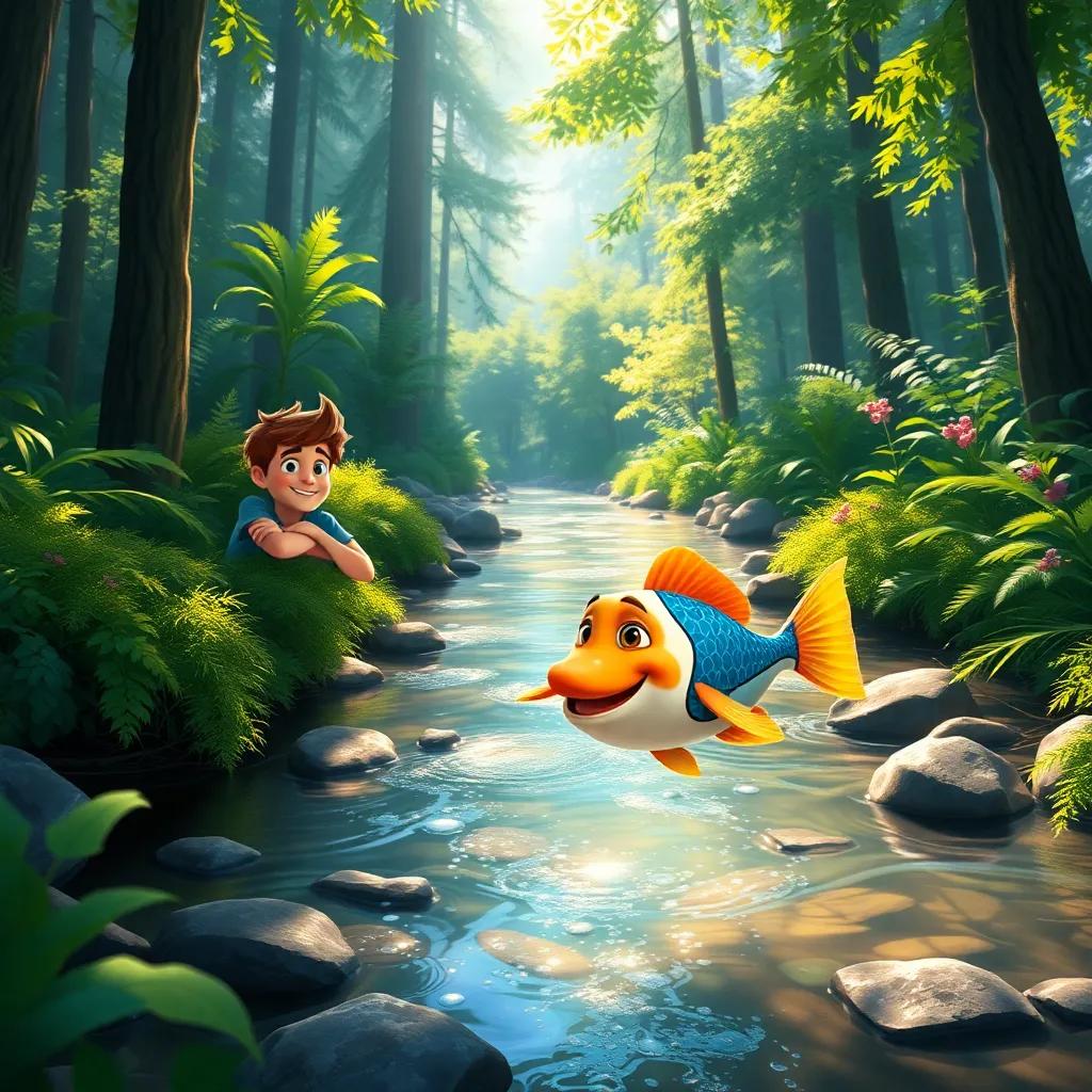 A sparkling stream in the forest, with Nick leaning down, a colorful fish named Finn swimming happily, surrounded by lush greenery and sunlight, digital painting, vivid, friendly scene, inviting