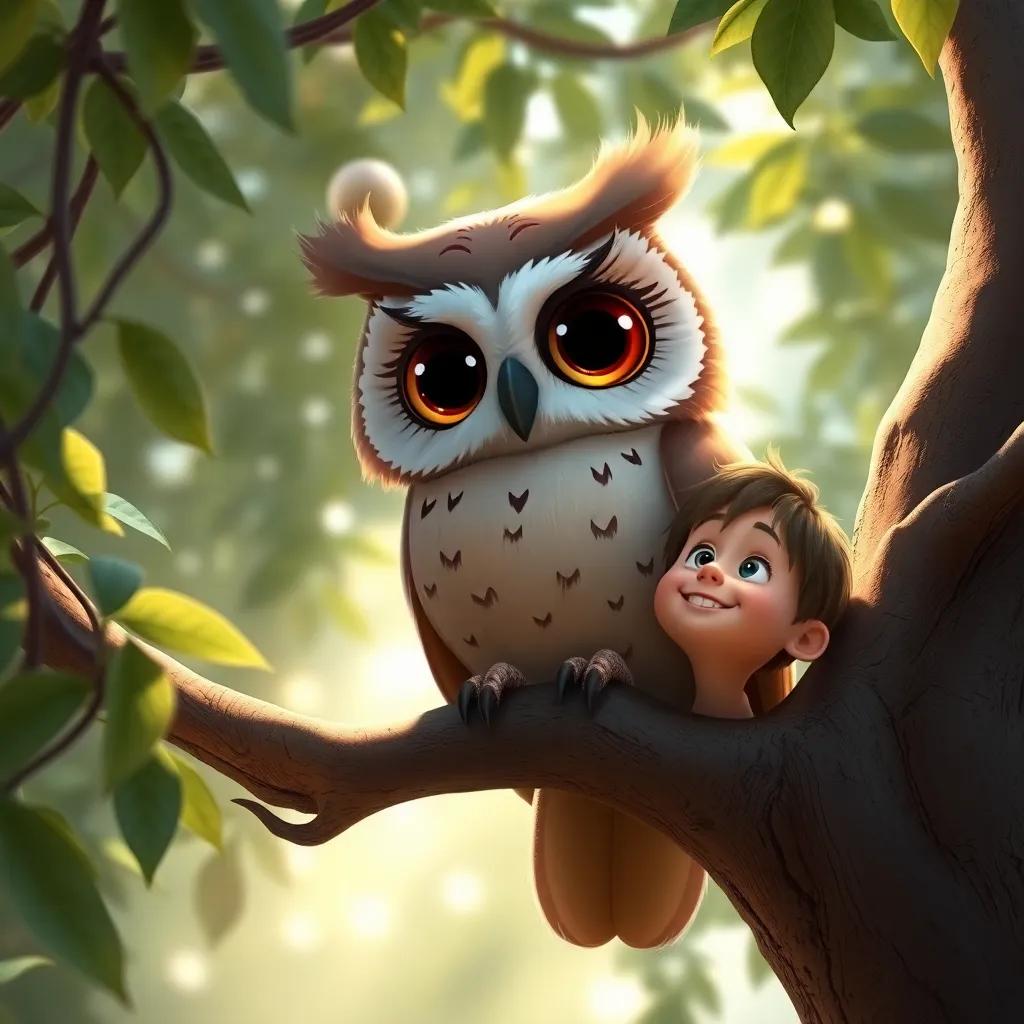A wise owl named Bella on a tree branch, big bright eyes, with Nick looking up with curiosity, surrounded by leaves and sunlight peeking through, digital art, enchanting, warm and inviting