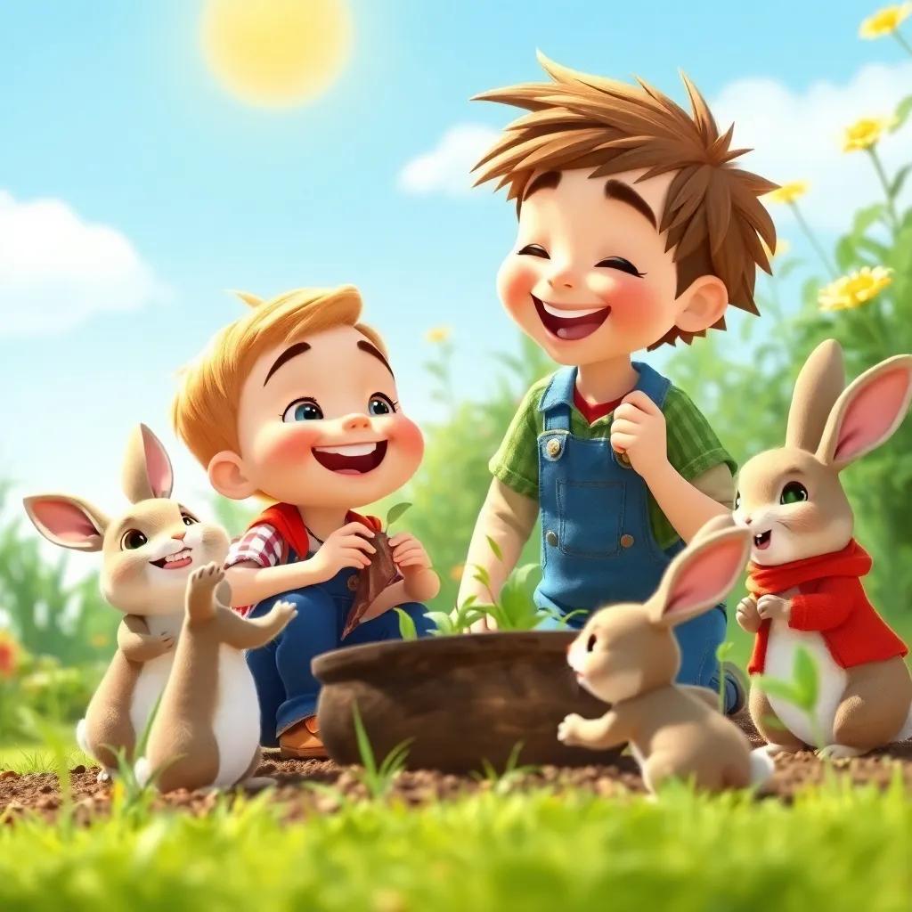 Nick, with Ruby and the group of rabbits, learning how to plant seeds in a garden, laughter and joy around them, bright sunshine, greenery, cheerful scene, digital art, colorful
