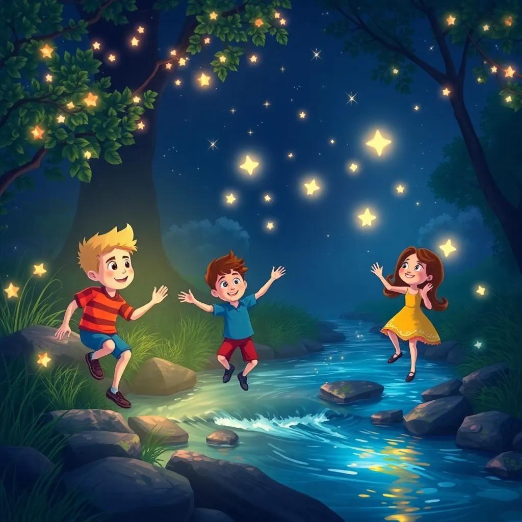 A beautiful night scene with Nick and his friends by the stream, dancing and sharing dreams under the stars, twinkling lights, happy expressions, magical atmosphere, illustration, vibrant colors, enchanting