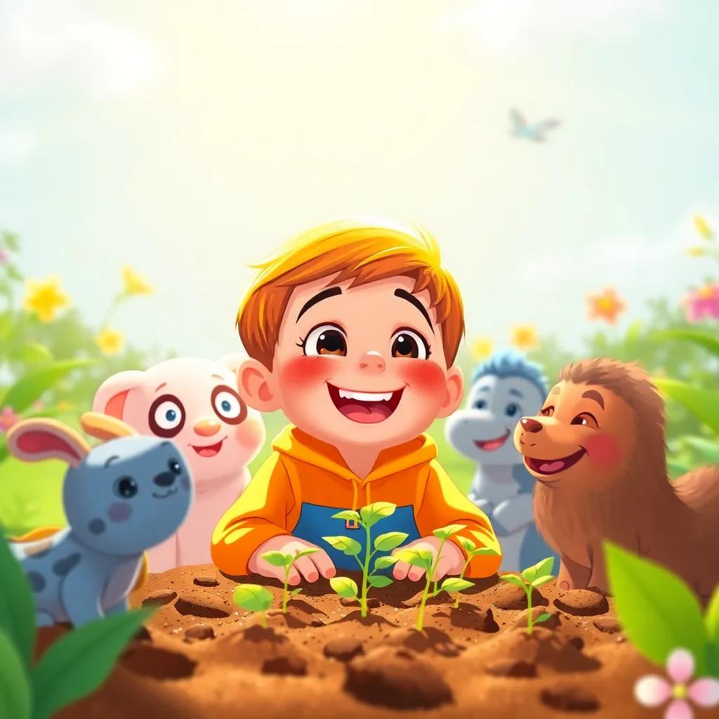 Nick, happily looking at his planted seeds with his friends around him, sunlight shining on their faces, colors of nature all around, joyful mood, illustration, bright and cheerful, engaging
