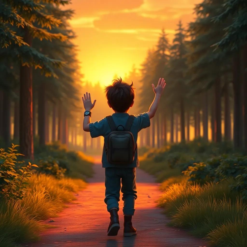 Nick waving goodbye to his friends as he walks home, the forest glowing in the sunset, heartwarming scene, rich warm tones, promising future, digital art, uplifting