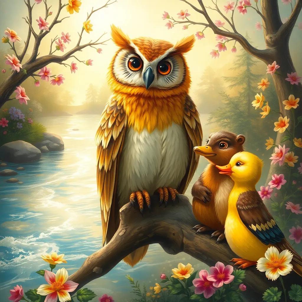 A wise old owl named Oliver, perched on a branch, with beautiful golden feathers and large, round eyes, talking to Benny the Beaver and Lily the Duck near a sparkling river, colorful flowers blooming around them, warm light, magical feeling, realistic illustration, inviting scenery