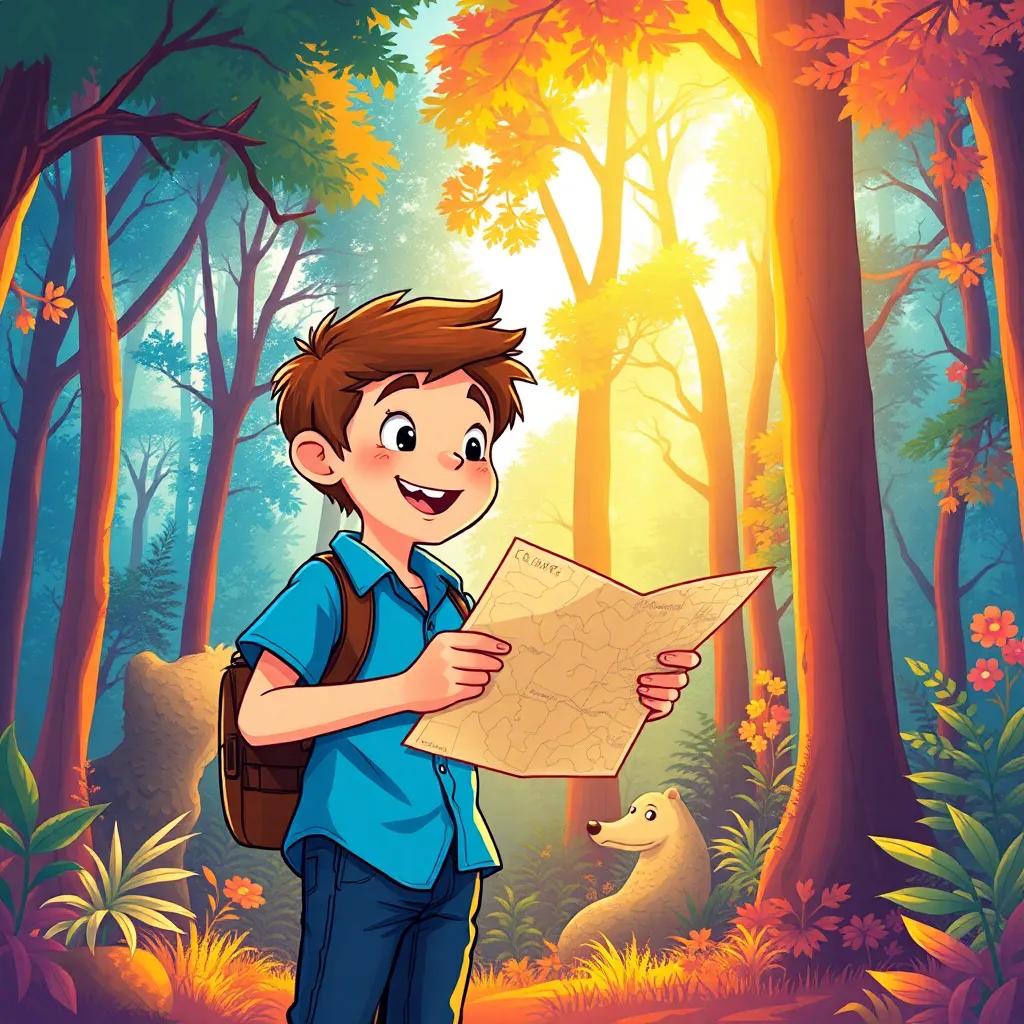 A curious boy named Max, with short brown hair, wearing a blue shirt and jeans, excitedly holding a map while looking into the sunlit woods, colorful illustration, bright colors, cheerful atmosphere, high quality