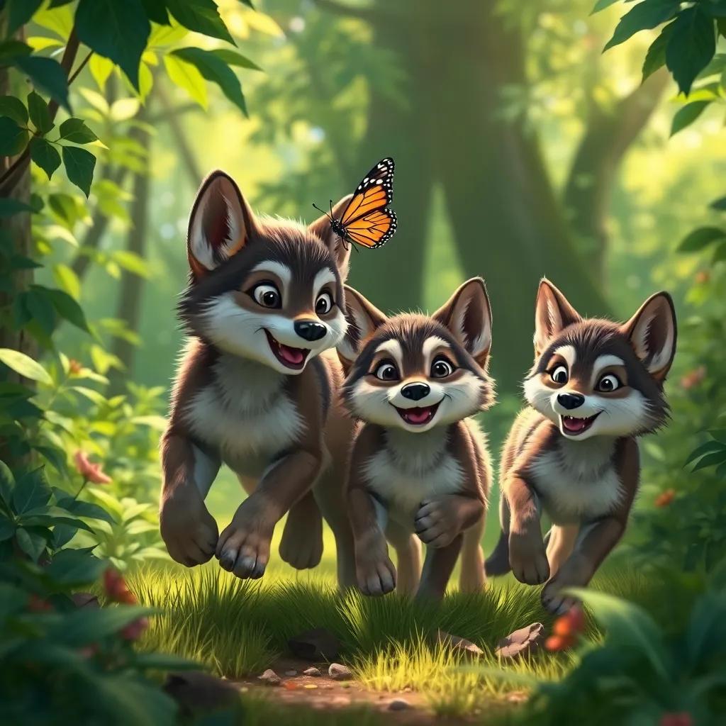 A group of playful wolf cubs chasing a colorful butterfly in a lush green forest, the sun filtering through the leaves, dynamic composition, whimsical and lively, capturing the joy of exploration, digital painting, bright and cheerful