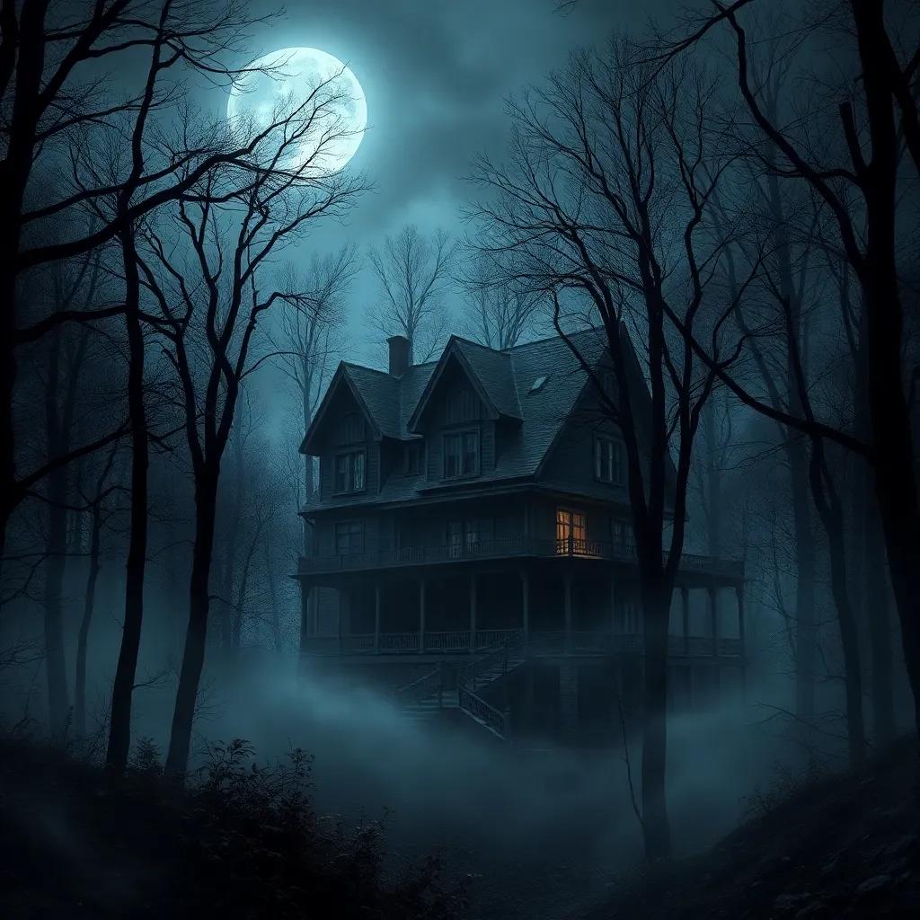 A spooky abandoned house on the edge of a dense forest, surrounded by fog and mysterious trees, moonlight casting eerie shadows, digital art, dark colors, mysterious atmosphere, high quality