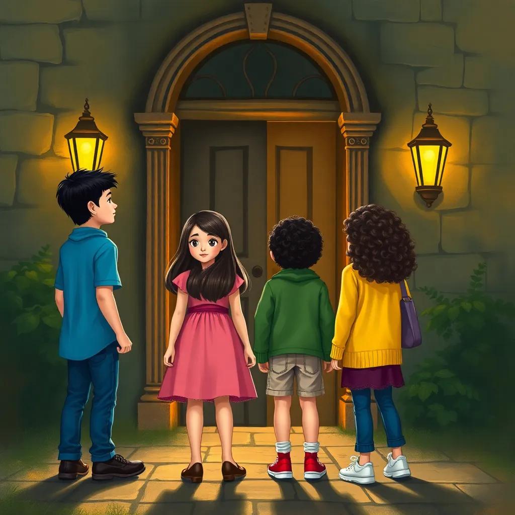Four friends approaching the spooky house: Omar, a young Arab boy with short black hair in a blue shirt, Leila, a young Arab girl with long straight hair wearing a pink dress, Khaled, a young Arab boy with curly hair in a green jacket, and Sara, a young Arab girl with curly hair wearing a yellow sweater, standing in front of the door that is creaking open, tension in the air, digital art, suspenseful, high quality