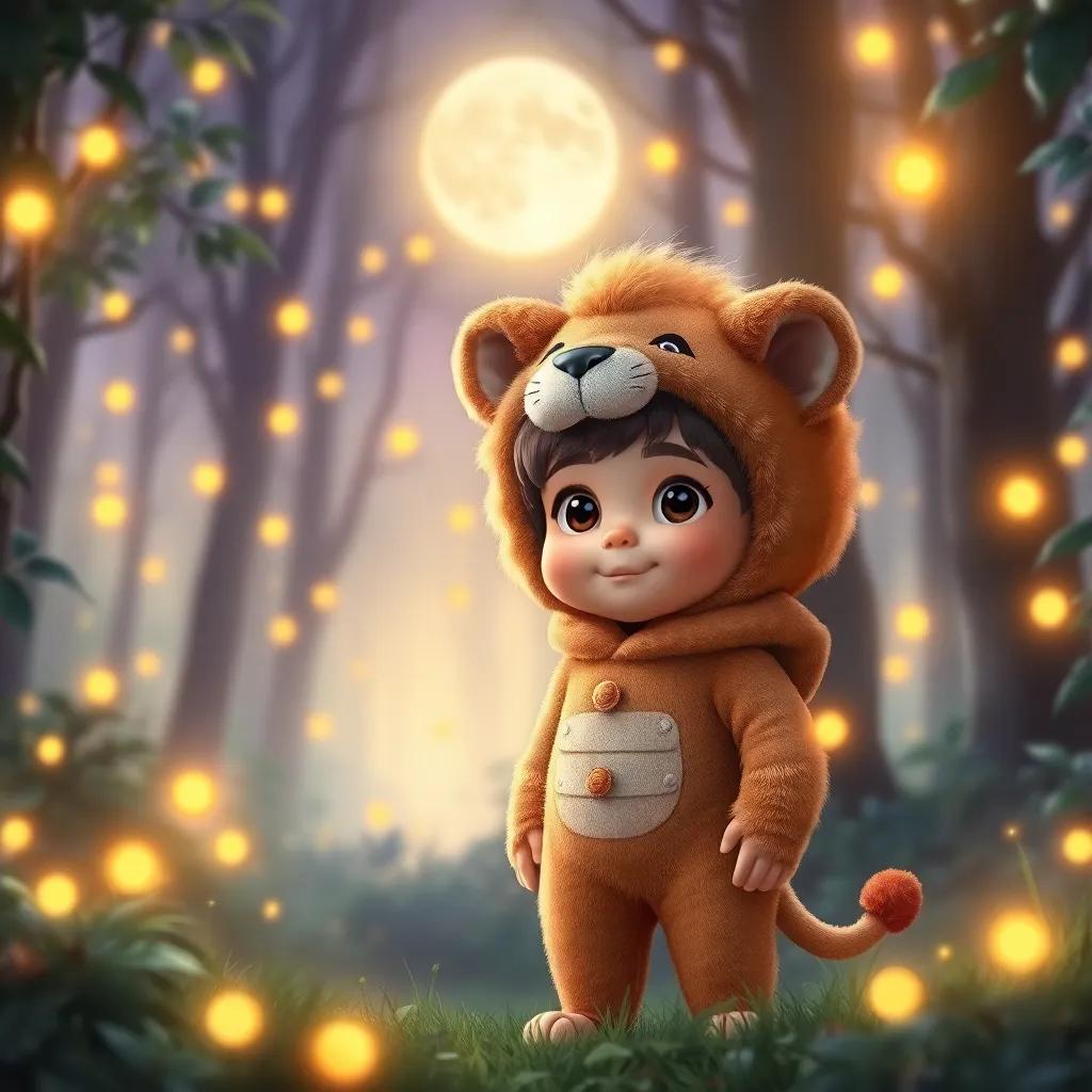A little boy dressed as a cute lion cub, standing in a magical forest with glowing fireflies, wearing a fuzzy costume, moonlight shining down, digital art, vibrant colors, enchanting atmosphere, captivating view, high quality